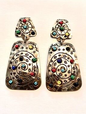Vtg. Silver Hopi Earrings with Glass Beads, Post Style